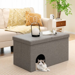 Costway 3-In-1 Cat Litter Box Enclosure Hidden Cat Washroom Ottoman Shoe Bench Flip-Up - thumbnail 3