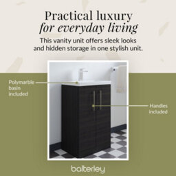 Balterley Level Compact Bathroom Cloakroom Vanity Basin Unit With Polymarble Basin, Brushed Pewter Handles, 500mm, Woodgrain Black - thumbnail 7