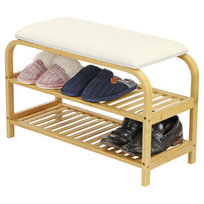 2 Tier Bamboo Shoe Rack Bench With Cushion Seat Compact Wooden Shoe Storage Organiser Hallway Entryway 70X30X47Cm - image 1