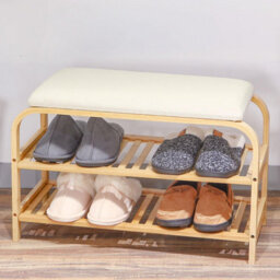 2 Tier Bamboo Shoe Rack Bench With Cushion Seat Compact Wooden Shoe Storage Organiser Hallway Entryway 70X30X47Cm - thumbnail 2