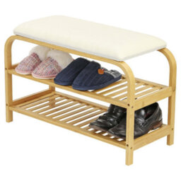 2 Tier Bamboo Shoe Rack Bench With Cushion Seat Compact Wooden Shoe Storage Organiser Hallway Entryway 70X30X47Cm - thumbnail 1