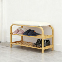2 Tier Bamboo Shoe Rack Bench With Cushion Seat Compact Wooden Shoe Storage Organiser Hallway Entryway 70X30X47Cm - thumbnail 3