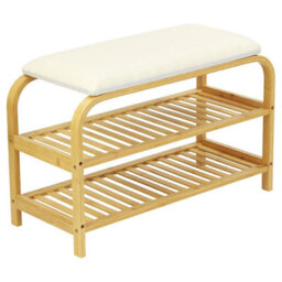 2 Tier Bamboo Shoe Rack Bench With Cushion Seat Compact Wooden Shoe Storage Organiser Hallway Entryway 70X30X47Cm - thumbnail 6