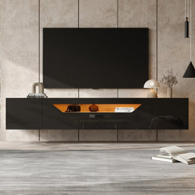 Btm Floating Tv Stand With Led, High Gloss Wallmounted Tv Cabinet, 2 Doors, 180X37X36Cm, Black, Up To 75 - image 1