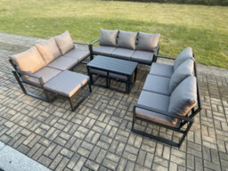 Fimous Aluminium Outdoor Garden Furniture Set Lounge Sofa Oblong Coffee Table 3 Footstools Sets With Cushions Dark Grey - thumbnail 1