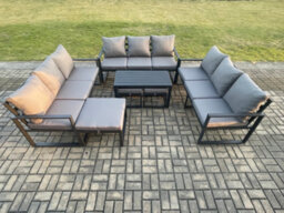 Fimous Aluminium Outdoor Garden Furniture Set Lounge Sofa Oblong Coffee Table 3 Footstools Sets With Cushions Dark Grey - thumbnail 2