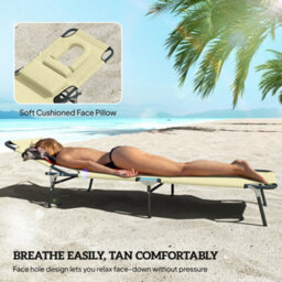 Outsunny Folding Sun Lounger Set Of 2 Reclining Chair With Reading Hole Beige - thumbnail 7