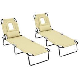Outsunny Folding Sun Lounger Set Of 2 Reclining Chair With Reading Hole Beige - thumbnail 2