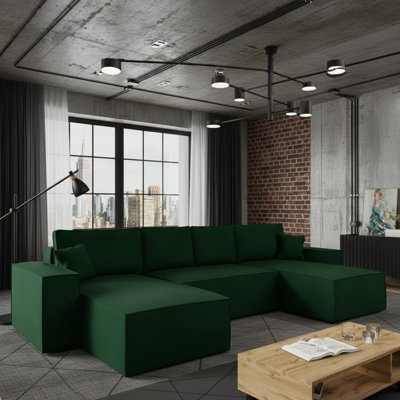 Malaga U Mdf Upholstered Living Room Corner Sofa Bed With Storage Free Standing Backrest 370X181X94Cm Green Corduroy - image 1