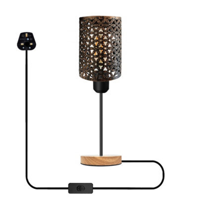 Modern Wooden Stand Bedside Table Lamp With Metal Cage , On Off Switch Brushed Copper Lamp