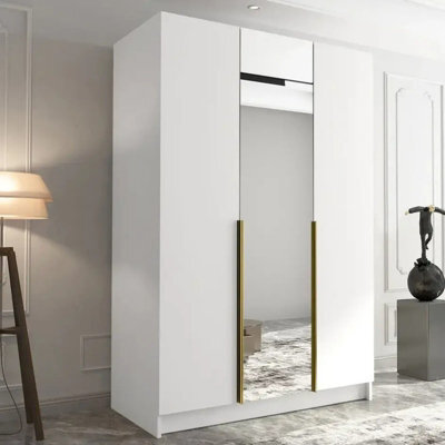 Minimalist Three Door Wardrobe Calia Ii With One Door Mirrored White With Gold Handles - image 1