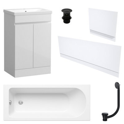 FNX Bathrooms Waterproof 600mm Vanity Unit With Single Ended Bath Gloss White Panel Set Matt Black Bath & Slotted Basin Waste - image 1