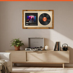 "30X17"" Rustic Oak Modern Vinyl Record Frame With Ivory Mount For 12 Inch Lp Album Cover & Disc - Ak Frames" - thumbnail 8