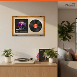 "30X17"" Rustic Oak Modern Vinyl Record Frame With Ivory Mount For 12 Inch Lp Album Cover & Disc - Ak Frames" - thumbnail 5
