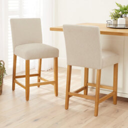 The Furniture Market Monty Bar Stool Modern Minimalist Design Oak Solid Wood Legs Comfortable Foam Seat Kitchen Counter Stool Natural Oatmeal Fabric - thumbnail 3