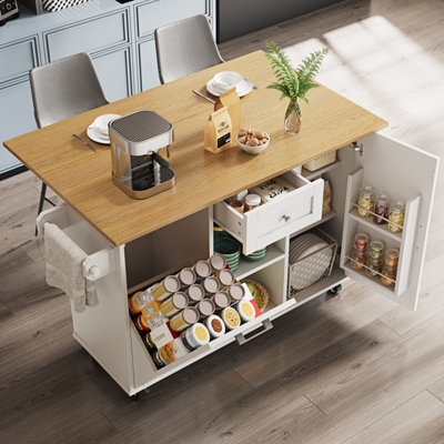 Btm Modern Kitchen Island For Rubbish Bins, Storage Dining Table And  Serving Trolley With Snack Shelves, White
