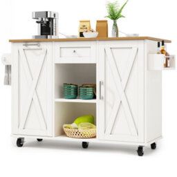Btm Modern Kitchen Island For Rubbish Bins, Storage Dining Table And  Serving Trolley With Snack Shelves, White - thumbnail 9