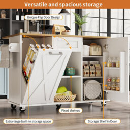 Btm Modern Kitchen Island For Rubbish Bins, Storage Dining Table And  Serving Trolley With Snack Shelves, White - thumbnail 6
