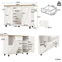 Btm Modern Kitchen Island For Rubbish Bins, Storage Dining Table And  Serving Trolley With Snack Shelves, White - thumbnail 4