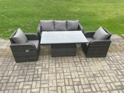 Fimous Rattan Outdoor Garden Furniture Sets Height Adjustable Rising Lifting Dining Table Lounge Sofa Set With Reclining Chair