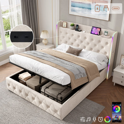 Btm 4Ft6 Double Upholstered Bed, Hydraulic Storage, Led Headboard, Usb/type-C, Linen, Beige (No Mattress) - image 1