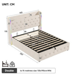 Btm 4Ft6 Double Upholstered Bed, Hydraulic Storage, Led Headboard, Usb/type-C, Linen, Beige (No Mattress) - thumbnail 9