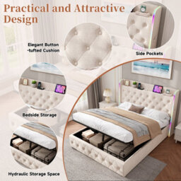 Btm 4Ft6 Double Upholstered Bed, Hydraulic Storage, Led Headboard, Usb/type-C, Linen, Beige (No Mattress) - thumbnail 8