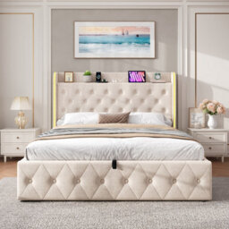 Btm 4Ft6 Double Upholstered Bed, Hydraulic Storage, Led Headboard, Usb/type-C, Linen, Beige (No Mattress) - thumbnail 5