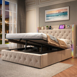 Btm 4Ft6 Double Upholstered Bed, Hydraulic Storage, Led Headboard, Usb/type-C, Linen, Beige (No Mattress) - thumbnail 4