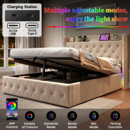 Btm 4Ft6 Double Upholstered Bed, Hydraulic Storage, Led Headboard, Usb/type-C, Linen, Beige (No Mattress) - thumbnail 7