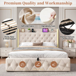 Btm 4Ft6 Double Upholstered Bed, Hydraulic Storage, Led Headboard, Usb/type-C, Linen, Beige (No Mattress) - thumbnail 6