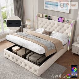Btm 4Ft6 Double Upholstered Bed, Hydraulic Storage, Led Headboard, Usb/type-C, Linen, Beige (No Mattress) - thumbnail 1