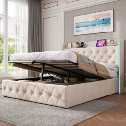 Btm 4Ft6 Double Upholstered Bed, Hydraulic Storage, Led Headboard, Usb/type-C, Linen, Beige (No Mattress) - thumbnail 3