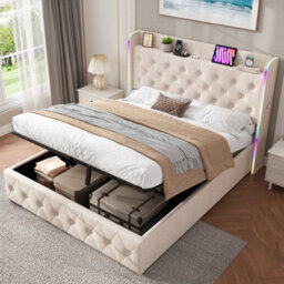 Btm 4Ft6 Double Upholstered Bed, Hydraulic Storage, Led Headboard, Usb/type-C, Linen, Beige (No Mattress) - thumbnail 2