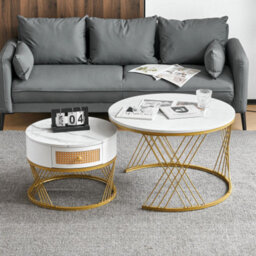 Btm Two-Piece White Coffee Table Set With Rattan Drawers, Gold Accents, Marble-Style Pvc Top