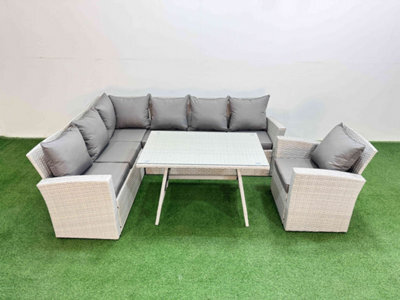 Fimous Garden Outdoor Rattan Furniture Set Rattan Corner Sofa Oblong Dining Table With Armchair Light Grey Mixed 7 Seater - image 1