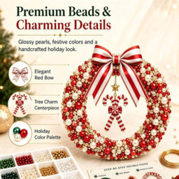 Amorly Diy Christmas Pearl Wreath Kit, Handmade Beaded Holiday Door Decor With Beads, Ribbon And Instructions, Craft Gift (Candy Cane) - thumbnail 3