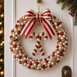 Amorly Diy Christmas Pearl Wreath Kit, Handmade Beaded Holiday Door Decor With Beads, Ribbon And Instructions, Craft Gift (Candy Cane) - thumbnail 1