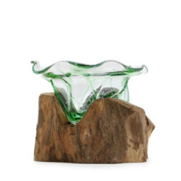 Large Recycled Glass Sweet Bowl With Wooden Base Elegant Table Décor