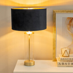 Valuelights Balan Glass With Gold Table Lamp And Black Velvet With Metallic Gold Inner Lamp Shade And Led Bulb