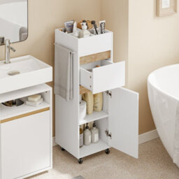 Sobuy Bathroom Cabinet With Drawer Door Shelf Towel Bar 12.9X11.8X36 Inch With Wheels Load Capacity 50 Kg Bzr225-Nw - White - thumbnail 4