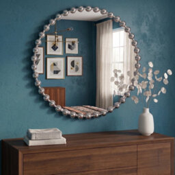 Deenz Round Wall Mounted Bold Space Mirror Circular Silver Beaded Plastic Body Frame Contemporary Design Easy Hanging Decor 60Cm