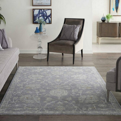 Charcoal Bordered Floral Traditional Persian Rug For Bedroom & Living Room-119Cm X 180Cm