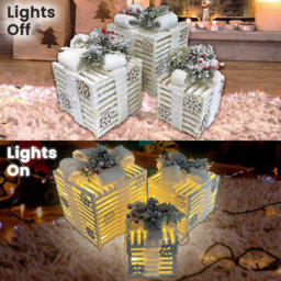 Netagon Set Of 3 Under Christmas Tree Festive Battery Operated Led Light Up Presents Gift Boxes- Frosted White - thumbnail 4