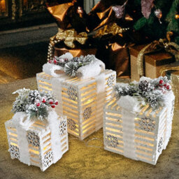 Netagon Set Of 3 Under Christmas Tree Festive Battery Operated Led Light Up Presents Gift Boxes- Frosted White - thumbnail 6