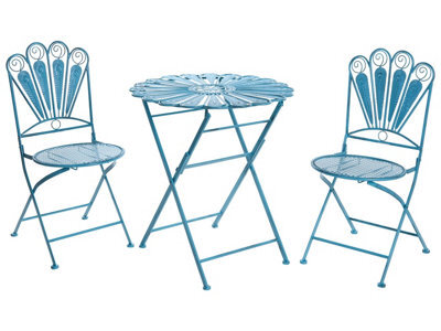 Wyld and Coco Garden Bloom Blue Iron Bistro Set With Peacock Motif, Distressed Finish, 2-Seater, Foldable - image 1