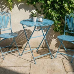 Wyld and Coco Garden Bloom Blue Iron Bistro Set With Peacock Motif, Distressed Finish, 2-Seater, Foldable - thumbnail 2