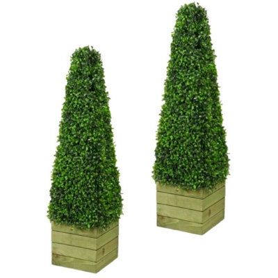 Abaseen Set Of 2,  3Ft Pyramid Cones Indoor Outdoor Artificial Trees Topiary Plants With Natural Trunk & Leaves-Green