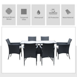 Outsunny Rattan Dining Set For 6 With Cushions, Glass Top Table, Black - thumbnail 4