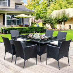 Outsunny Rattan Dining Set For 6 With Cushions, Glass Top Table, Black - thumbnail 1